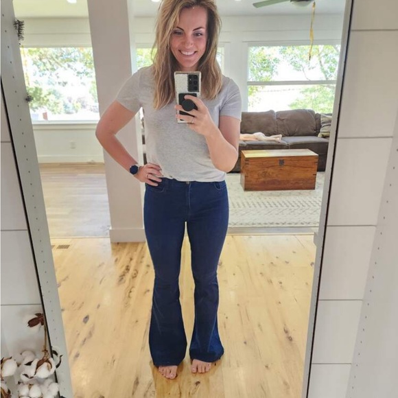 High Waist Flared Dark Wash Blue Denim Jeans Bell Bottom - Picture 8 of 11